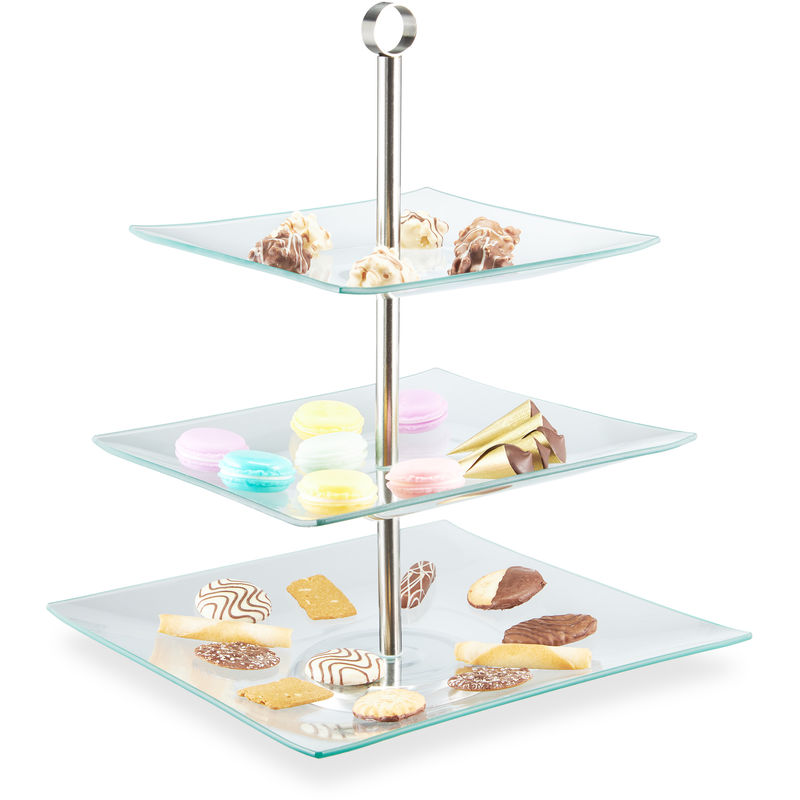 Etagere, 3-stöckig, eckig, Cupcakes, Kekse, Snacks, Obst, Glas, Edelstahl, Servierständer, transparent/silber - Relaxdays