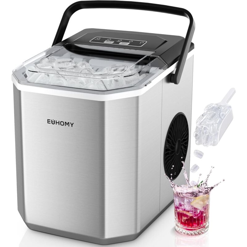 Euhomy - Eiswürfelmaschine, 9 Würfel in 6 Min,2 Würfelgrößen, Edelstahl-Eismaschine für die Arbeitsplatte, Eiswürfelbereiter