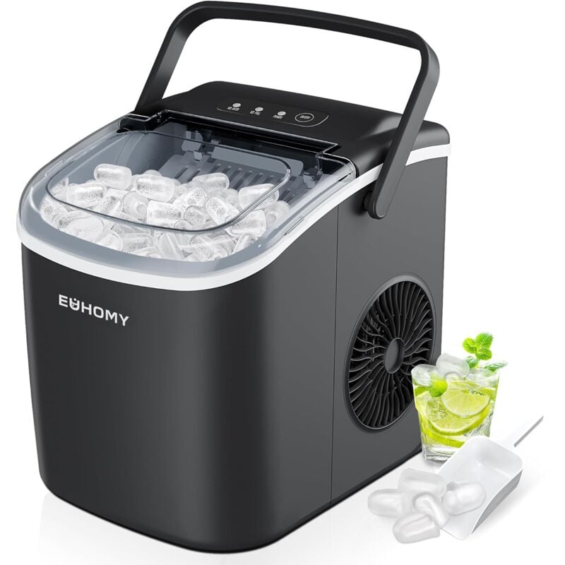 Euhomy - Eiswürfelmaschine Klein, 12KG Eiswürfelbereiter Ice Maker, 9 Würfel in 6 Minuten fertig, Schwarz Eiswürfelmaschine mit Tragbarem Griff,