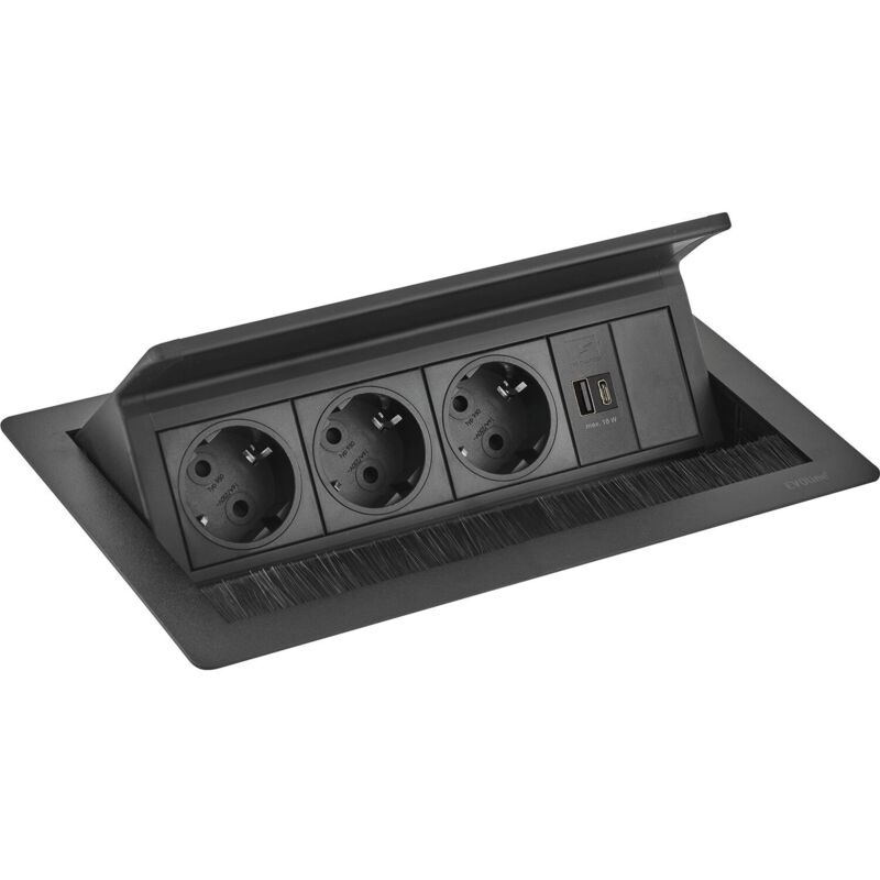 EVOline FlipTop Push M Steckdosenleiste, Einbausteckdose Tischsteckdose USB-Ladegerät, Push-Funktion, Metall Kunststoff schwarz, 3 Schuko 2 USB,