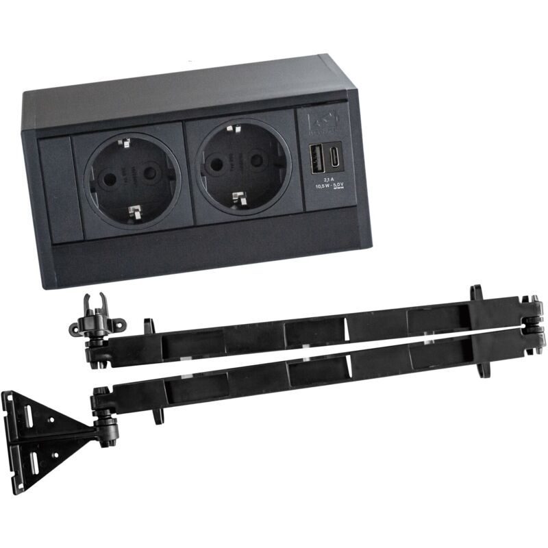 R-Dock Steckdose für Schublade mit Wing Kabelführung - 2er Steckdose mit usb a+c, schwarz 230V - Evoline