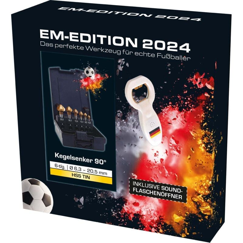 Kegelsenker-Set 'EURO2024' Ø6,3-20,5mm, hss-tin, 90°, 6-tlg., DIN335, inkl. Sound-Flaschenöffner - Exact