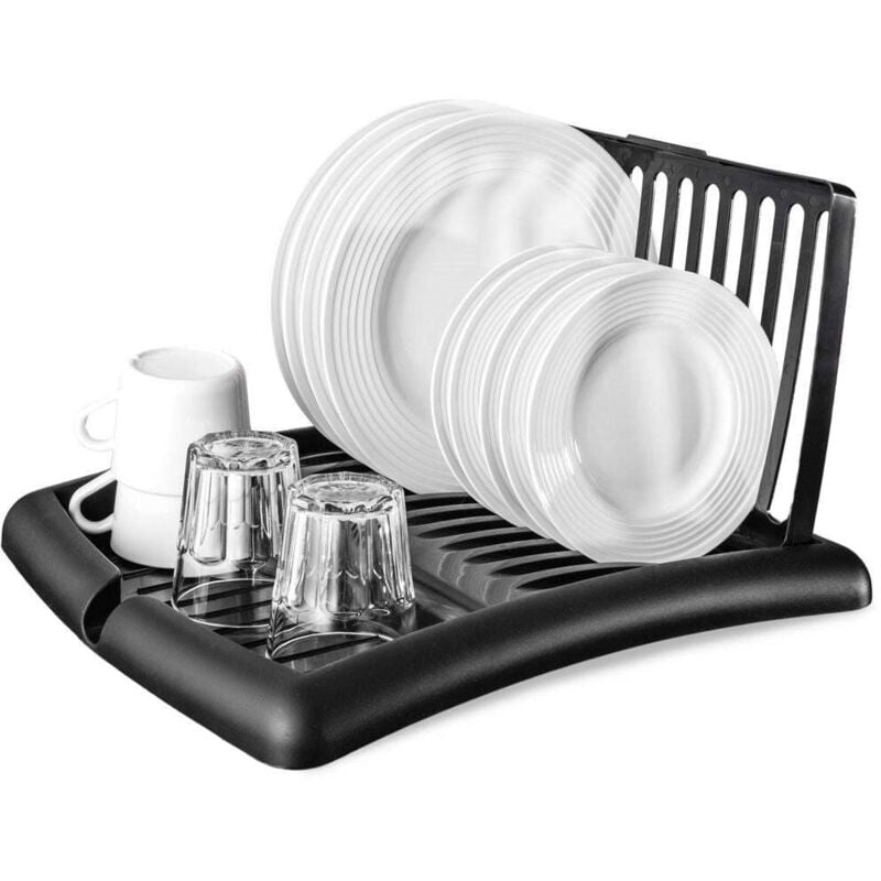 Extendable black dish rack with space for plates and glasses