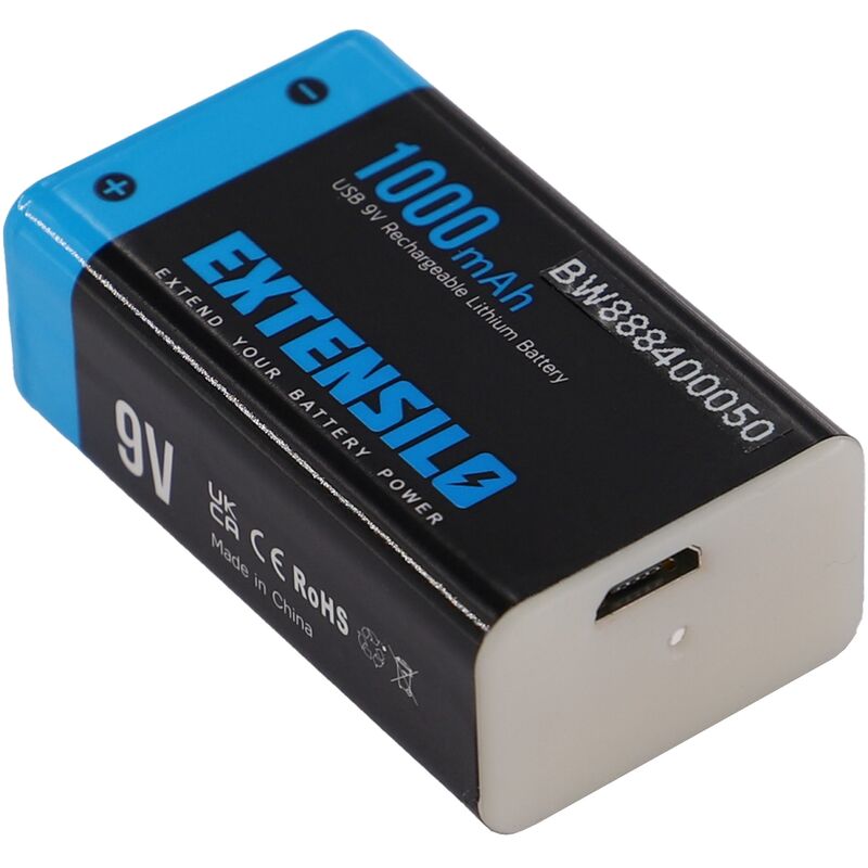 Extensilo - 2x 9V-Akku Block für diverse Geräte (1000mAh, 9V, Li-Ion), ready-to-use, mit Micro usb Buchse
