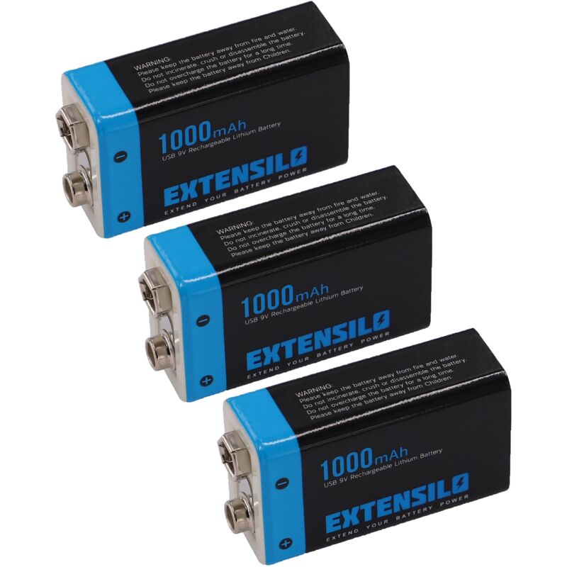 Extensilo - 3x 9V-Akku Block für diverse Geräte (1000mAh, 9V, Li-Ion), ready-to-use, mit Micro usb Buchse