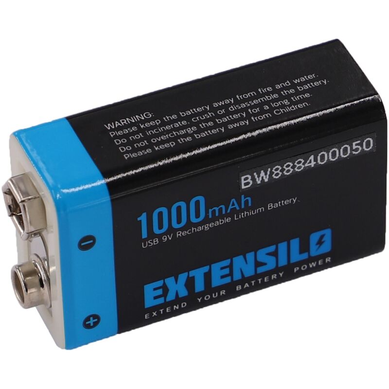Extensilo - 9V-Akku Block für diverse Geräte (1000mAh, 9V, Li-Ion), ready-to-use, mit Micro usb Buchse