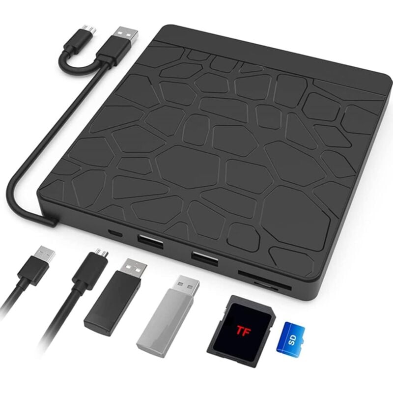 Externer DVD-Brenner für Laptop – Externer DVD-Brenner mit USB 3.0 Typ-C-Anschluss, SD/TF-Kartenleser und USB-Anschlüssen – Externer DVD-Brenner für