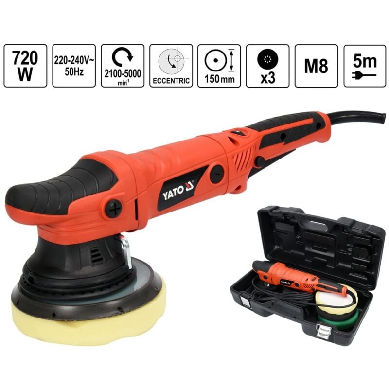 Yato - Exzenter Poliermaschine Polierhub 150 mm 720W inkl. 3 Polierscheiben + Box Lackpflege Autopolitur Autopflege