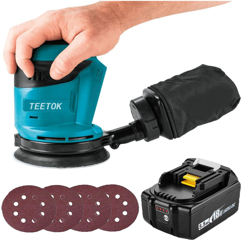 Exzenterschleifer,Akku-Exzenterschleifer,Bürstenlos,Exzenterschleifer Poliermaschine 18 V Ø125 mm mit Staubbeutel und 4 Scheiben + 1 x Akku (kein