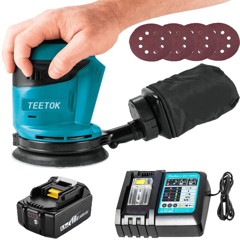 Exzenterschleifer,Akku-Exzenterschleifer,Bürstenlos, Exzenterschleifer Poliermaschine DBO180Z 18 V Ø125 mm mit Staubbeutel und 4 Scheiben + 1 x Akku