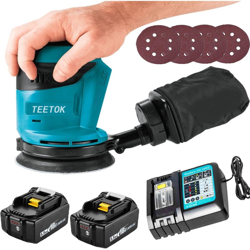 Teetok - Exzenterschleifer,Akku-Exzenterschleifer,Bürstenlos, Exzenterschleifer Poliermaschine 18 v Ø125 mm mit Staubbeutel und 4 Scheiben + 2