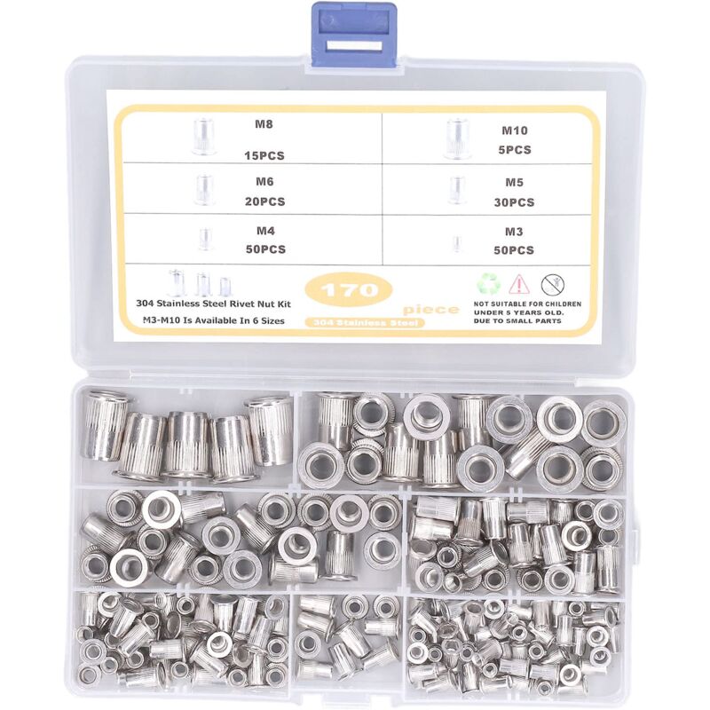 Fafeicy 170-teiliges Nietmuttern-Sortiment, M3, M4, M5, M6, M7, M8, Edelstahl-Nietmutter, Flachkopf-Nietmuttern, Nuss