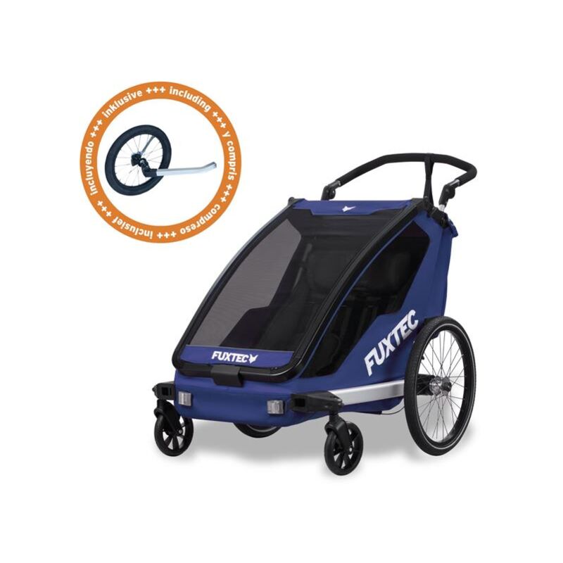 Fahrradanhänger/Buggy – inklusive Jogger-Rad – Anhänger für 2 Kinder aus Aluminium 2in1 – Faltbarer Kinderanhänger FX-FA1-SET-BLAU FUXTEC