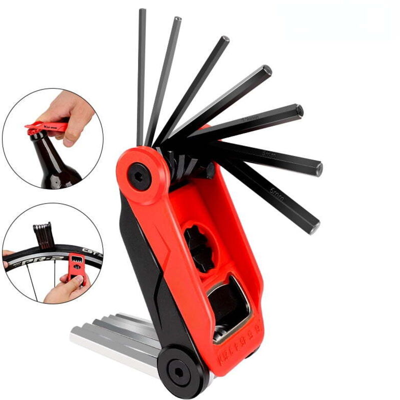 Fahrradwerkzeugset, Fahrradreparatur, Sechskantschlüssel, Flaschenöffner, Reifenheber, Multitool-Set, MTB-Rennrad-Reparaturwerkzeug (rot/schwarz)