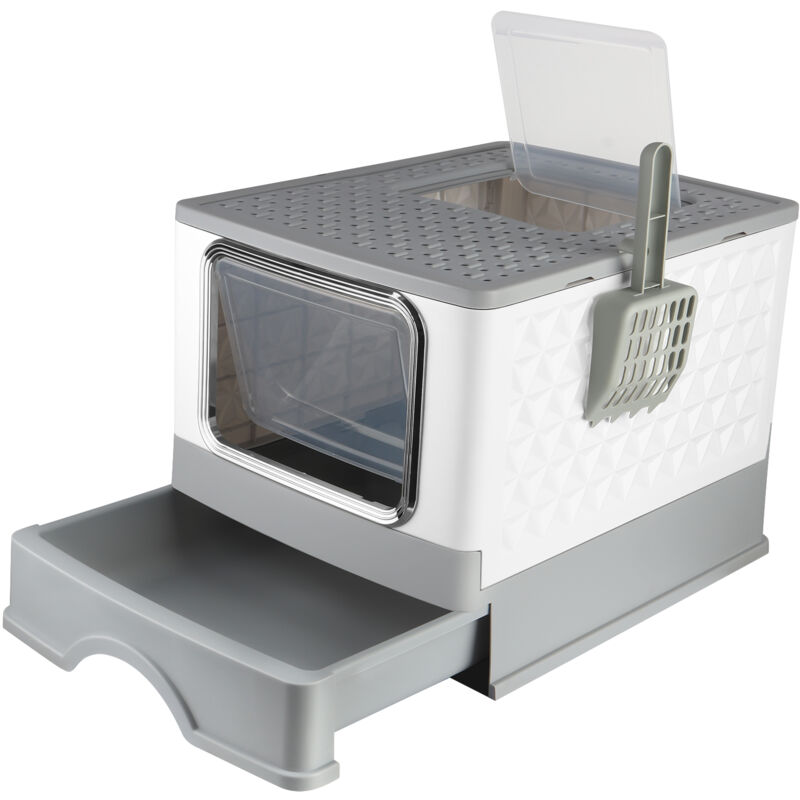 Haloyo - Faltbare Katzentoilette, Katzentoilette, Ausziehbare Streuschublade, Schaufel, 52x39x39cm, Grau