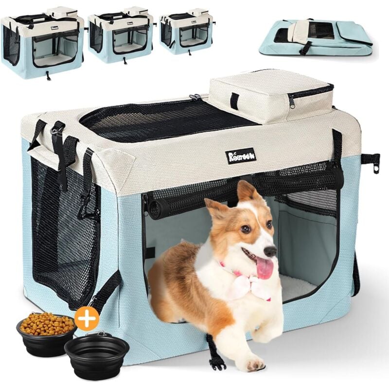 Faltbare Tragetasche für Hunde und Katzen mit Napf, tragbare, atmungsaktive Tragebox, verstellbarer Schultergurt – 80 x 58 x 58 cm – Blau und Beige XL
