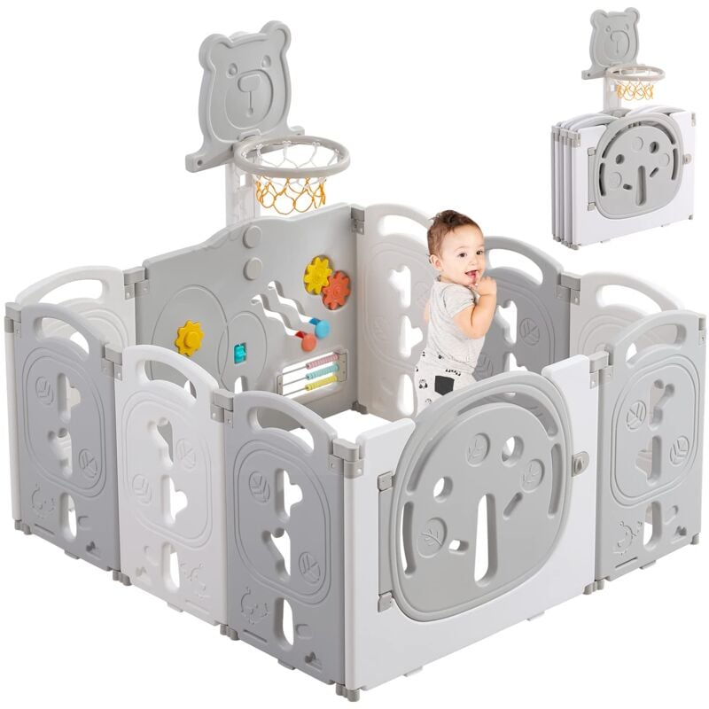 Faltbarer Baby-Laufstall 8+2 Paneele, Laufstall mit Sicherheitsbarriere und Basketballkorb, Kinder-Laufstall, Sicherheits-Aktivitätszentrum,