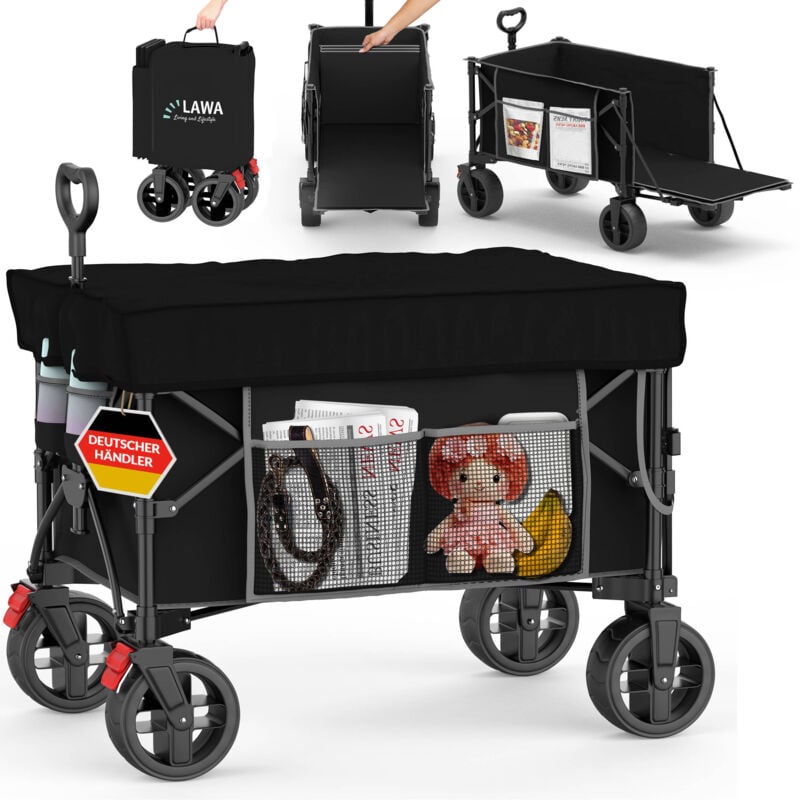 Faltbarer Bollerwagen mit Dach, Bremse, Heckklappe, Schwarz, kleines Packmaß kompakter Transportwagen leicht