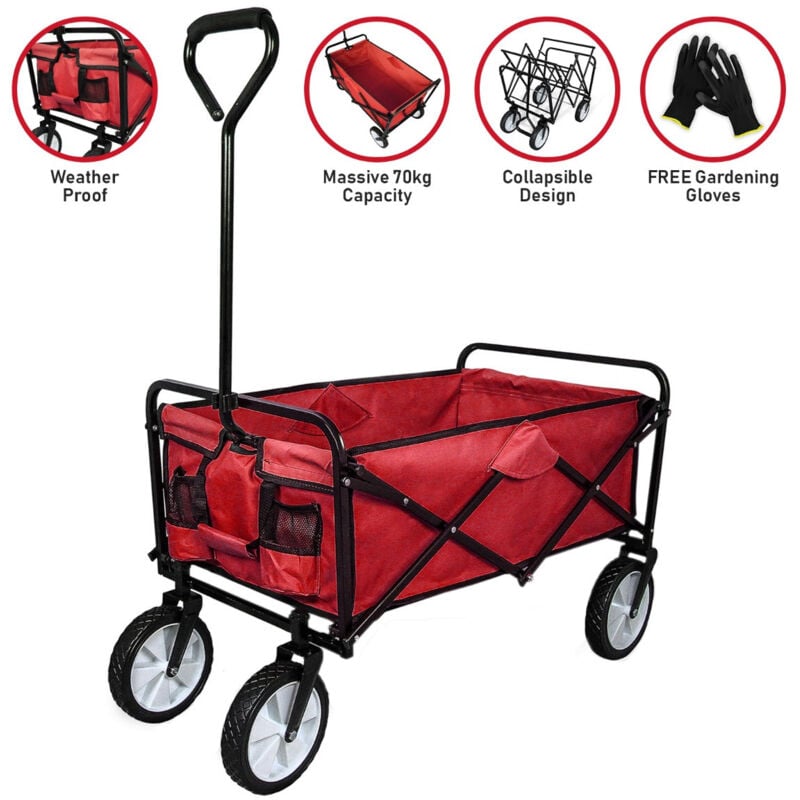 Monster-shop - Faltbarer Gartenwagen Transportwagen Bollerwagen Handwagen Rollenwagen Gerätewagen Strandwagen bis zu 70kg belastbar Rot