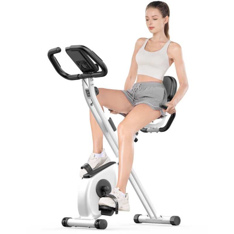 Faltbarer Heimtrainer – 8 magnetische Widerstandsstufen – Extra leise, mit LCD-Monitor und verstellbarem Komfortsattel – Max. Belastung 120 kg – Weiß