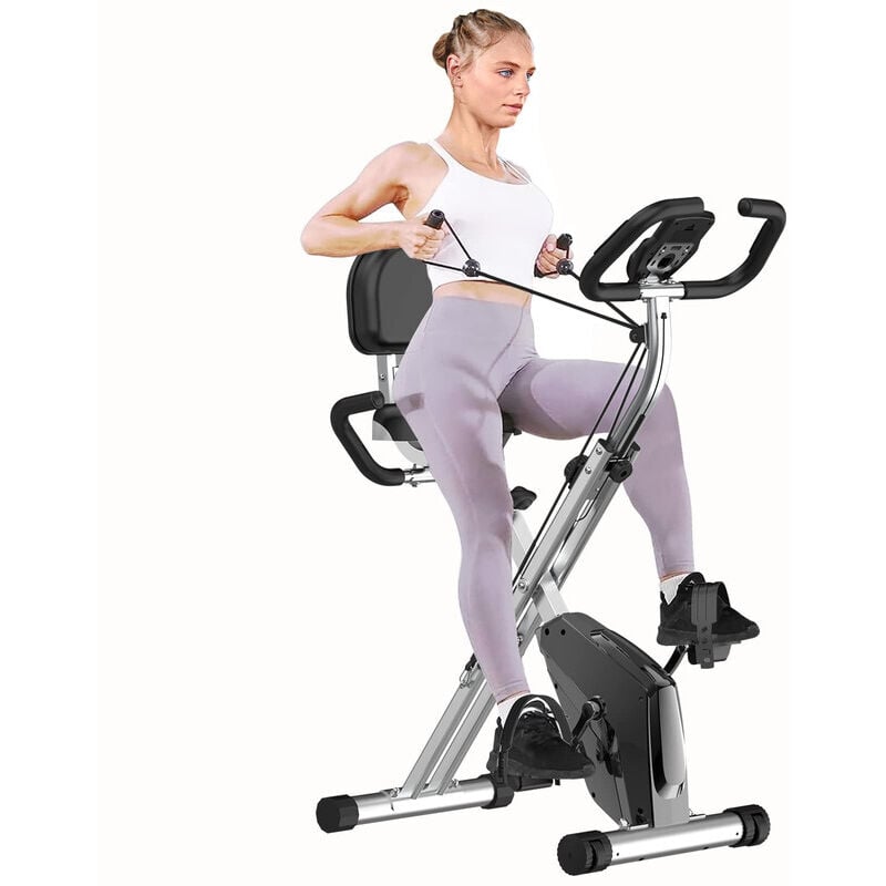 Faltbarer Heimtrainer – Heimtrainer mit LCD-Monitor und manueller Pulsmessung – 8 magnetische Widerstandsstufen – Max. Belastung 150 kg – Silber