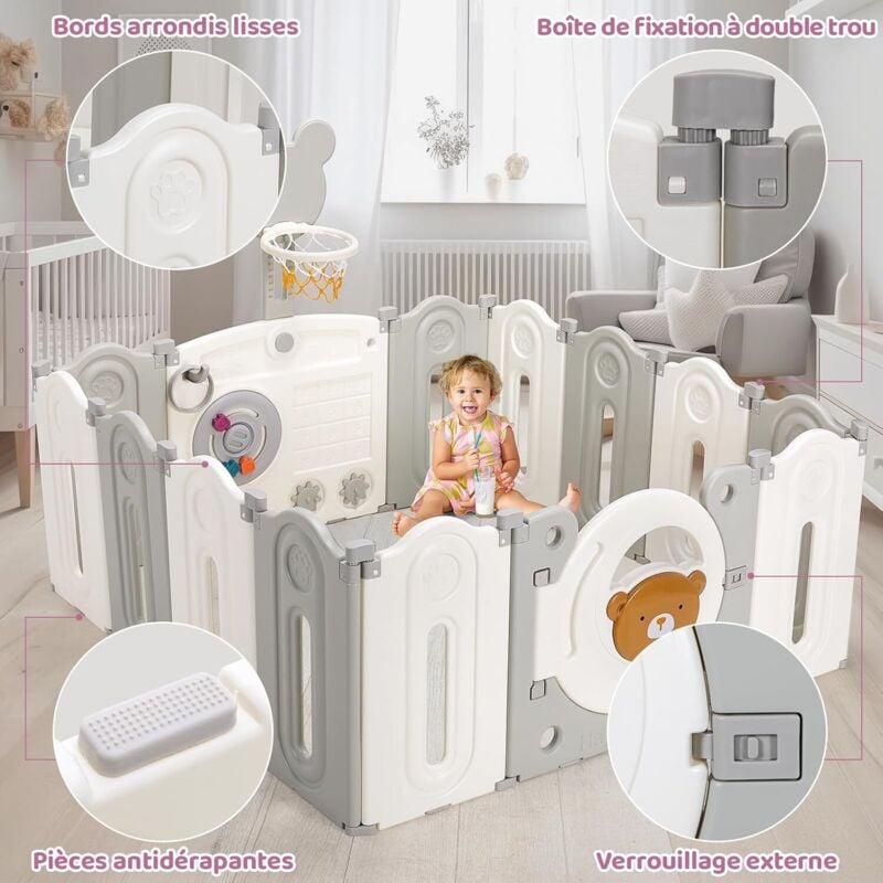 Tlgreen - Faltbarer modularer Baby-Laufstall, 143 x 143 x 64 cm, formverstellbarer Laufstall für Kinder, mit Basketballkorb, ungiftiges hdpe (Grau)