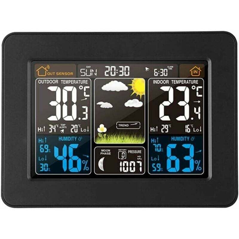 Farbige digitale Wetterstation mit Temperatur/Luftfeuchtigkeit/Barometer/Kalender/Multifunktionale Wetteruhr (schwarz)