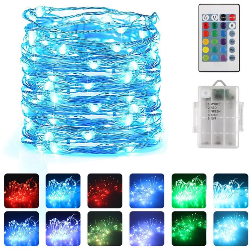 Farbige Lichterkette, 10 m, 100 LEDs, 18 mehrfarbig wechselnde Lichterkette für den Innenbereich, silberfarbene Lichterkette mit Fernbedienung, für