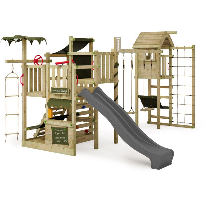 Fatmoose - Spielturm CrazyCoconut Club xxl mit Turmanbau, Sandkasten und Rutsche – Anthrazit