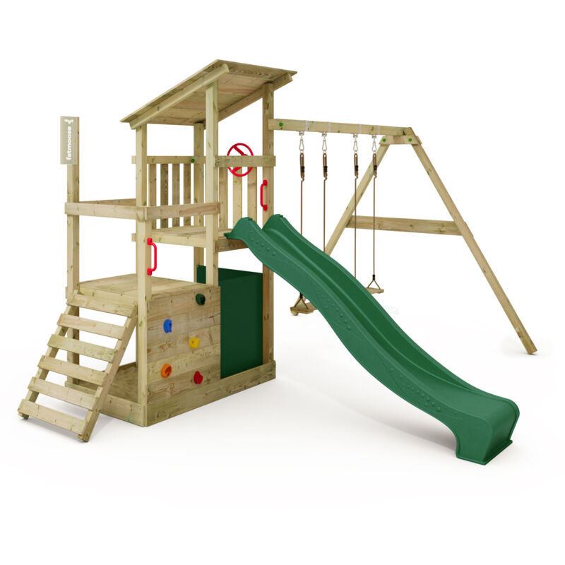 FATMOOSE Spielturm Klettergerüst FruityForest mit Schaukel & Rutsche, Kletterturm mit Sandkasten, Leiter & Spiel-Zubehör - Grün