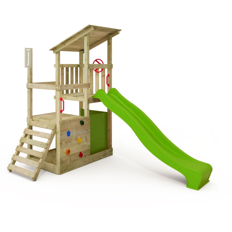 Spielturm Klettergerüst FruityForest mit Rutsche, Kletterturm mit Sandkasten, Leiter & Spiel-Zubehör – Apfelgrün - Fatmoose
