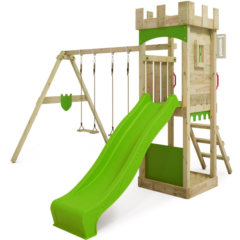 Spielturm Klettergerüst TreasureTower mit Schaukel & Rutsche, Kletterturm mit Sandkasten, Leiter & Spiel-Zubehör - apfelgrün - Fatmoose