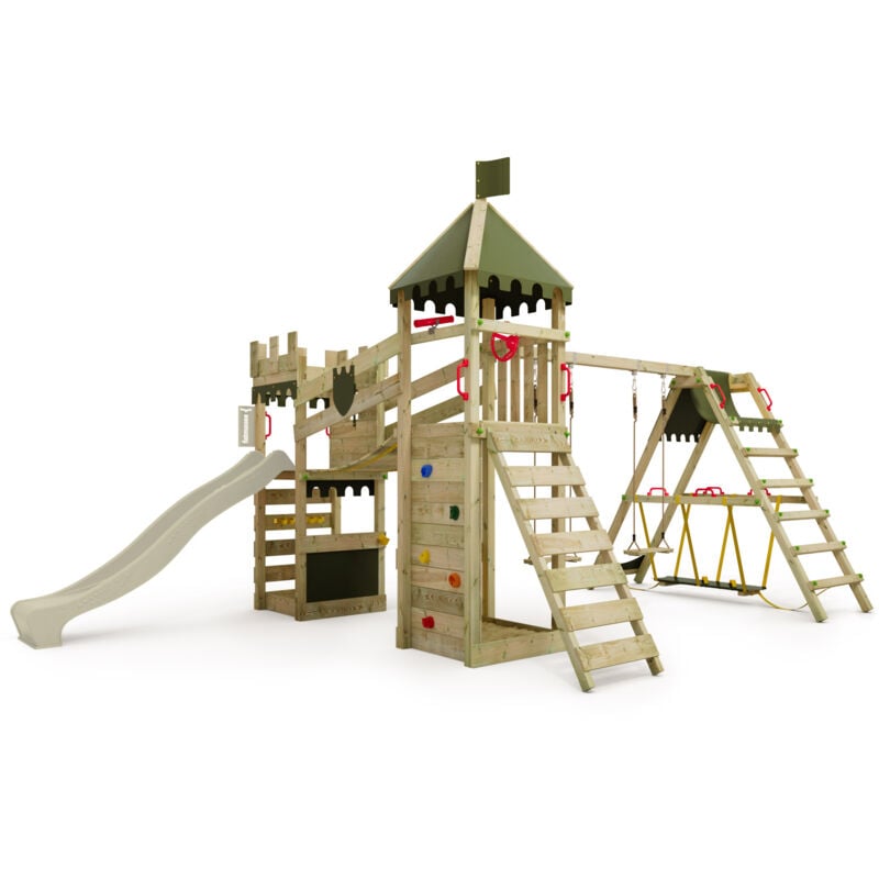 Spielturm Ritterburg RiverRun mit Schaukel SurfSwing & Rutsche, Spielhaus mit Sandkasten, Leiter & Spiel-Zubehör – Salbeigrün - Fatmoose
