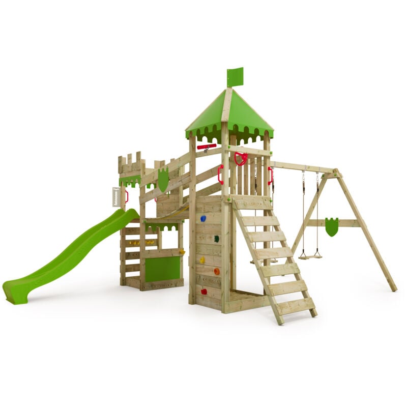 Spielturm Ritterburg RiverRun mit Schaukel & Rutsche, Spielhaus mit Sandkasten, Leiter & Spiel-Zubehör - apfelgrün - Fatmoose