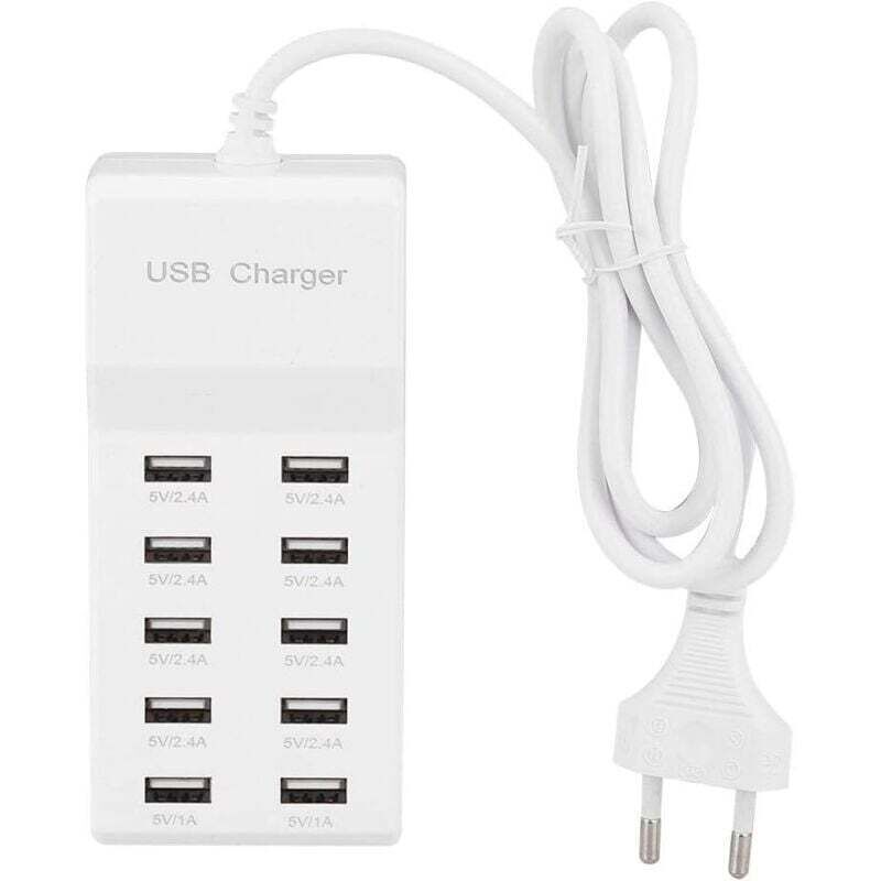 Fdit 10 USB-Wandladegerät, USB-Ladestation mit mehreren Anschlüssen, 100–240 V Reise-USB-Hub-Steckdosenleiste mit Kabel für mehrere Geräte (EU)