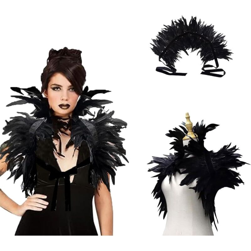Federkragen Gothic Schwarz, Damen-Feder-Umhang Cape Stola Shrug, Schulterflügel Kostüm-Accessoire für Karneval & Halloween