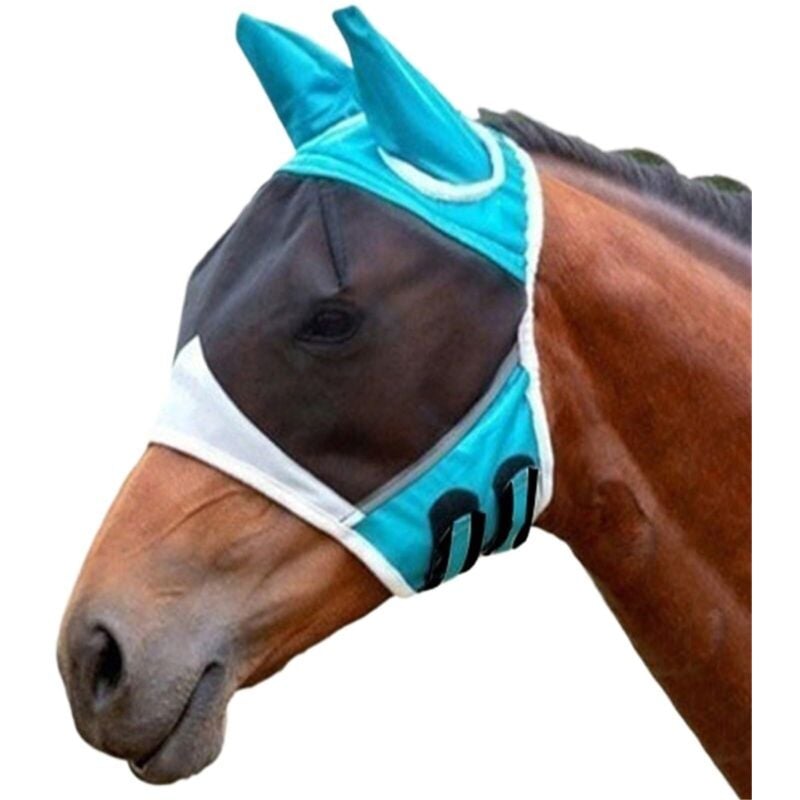Feinmaschige Fliegenmaske mit Ohrenschutz, UV-Schutz, weich für Pferde (L blau), 1 Stück