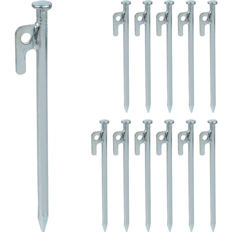 Felsbodenhering, 12er Set, für Zelt, Vorzelt, Pavillon, Sturmanker, Stahlhering für harte Böden, 20 cm, silber - Relaxdays