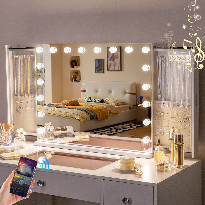 FENCHILIN Schminkspiegel mit Aufbewahrungsbox für Schmuck,Bluetooth-kompatibel,Spiegel mit LED-Beleuchtung,ausgestattet mit einem Hollywood-Spiegel