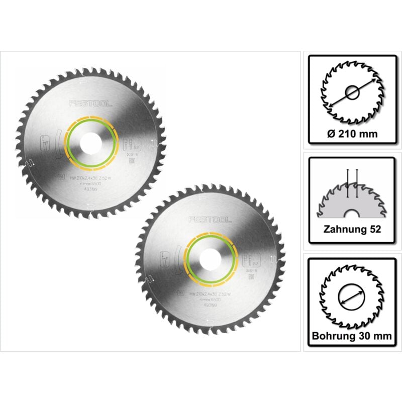 Festool Feinzahn Kreissägeblatt Set 2x 210 x 30 x 2,4 mm W52 210 mm ( 2x 493199 ) 52 Zähne
