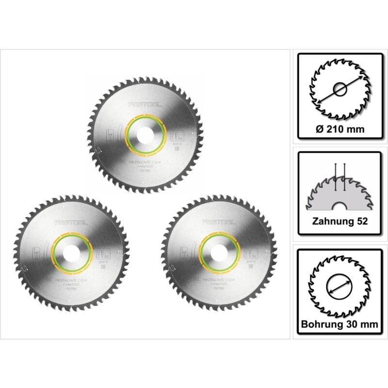 Feinzahn Kreissägeblatt Set 3x 210 x 30 x 2,4 mm W52 210 mm ( 3x 493199 ) 52 Zähne - Festool