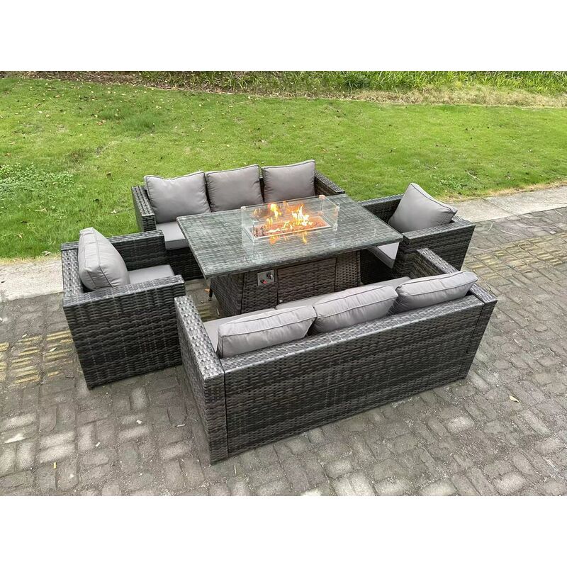 8-Sitzer Rattan Gartenmöbel Sofa Set Outdoor Patio Gas Feuer Grube Esstisch Gas Heizung Brenner mit 2 Sesseln Dunkelgrau gemischt - Fimous