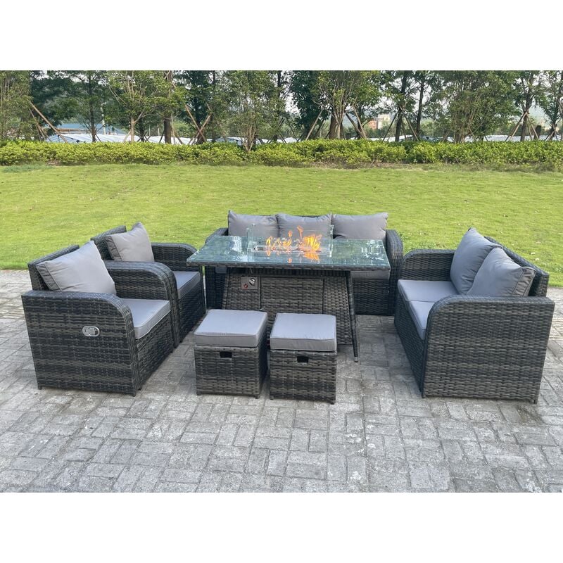 Dunkelgrau Gemischt Rattan Outdoor Gartenmöbel Gas Feuerstelle Brenner Tisch Sets Gas Heater Lounge Love Sofa Recling Stühle Fußhocker 9 Sitzer