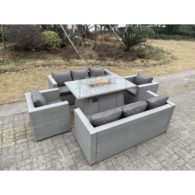 Gas Feuertisch für den Außenbereich Rattan Gartenmöbel Set mit 2 Sofa 2 Sessel Gas Feuerstelle Helles Grau - Fimous