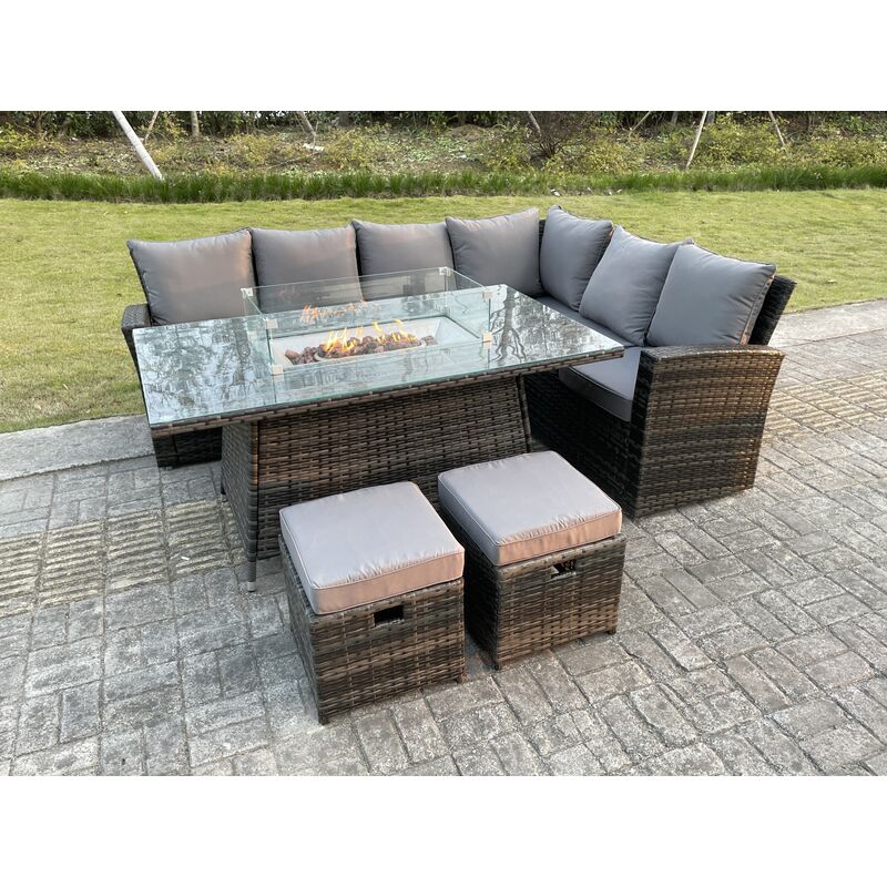 High Back Rattan Gartenmöbel Sets Gas Feuer Grube Esstisch Set Gas Heizung Rechte Ecke Sofa Kleine Fußhocker 8 Sitzer - Fimous