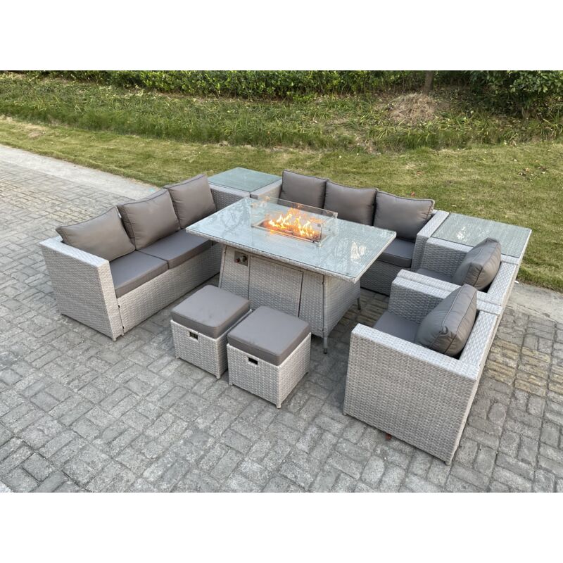 Fimous Polyrattan Gartenmöbel Set im Freien Gas Feuertisch Sofa Sets mit 2 Sessel 2 Beistelltisch 2 Kleiner Hocker Gas Feuerstelle Helles Grau