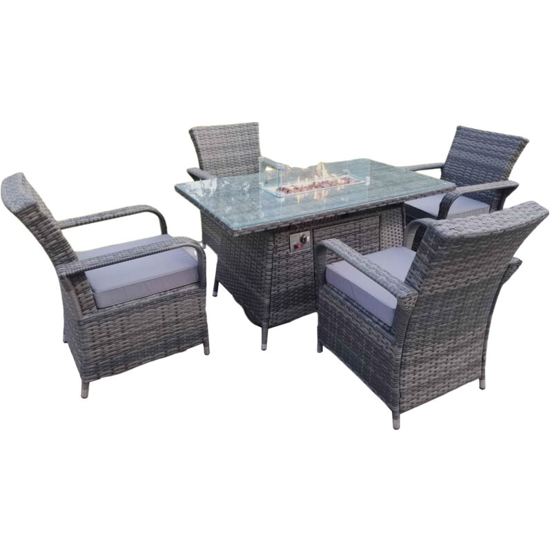 Rattan Gartenmöbel Gas Feuer Grube Rechteck Esstisch Gas Heizung und Esszimmer Stühle 4 Sitzer - Fimous