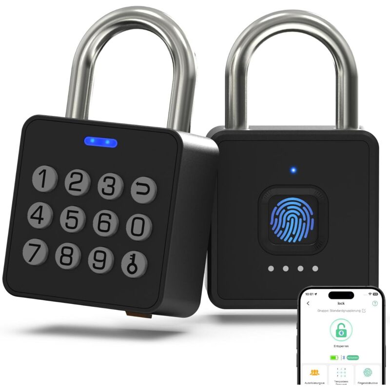Fingerabdruck Schloss mit Zahlencode, Vorhängeschloss mit Fingerabdruck Code App-Steuerung, Smart Elektrisches Biometrie Wetterfest Schloss für Spind