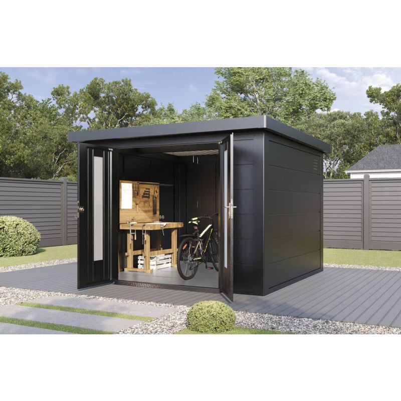Wolff Finnhaus Metall-Gerätehaus Eirik 3030 Anthrazit Gerätehaus aus Metall in Anthrazitgrau, Geräteschrank mit 0,55 mm Wandstärke Gartenhaus