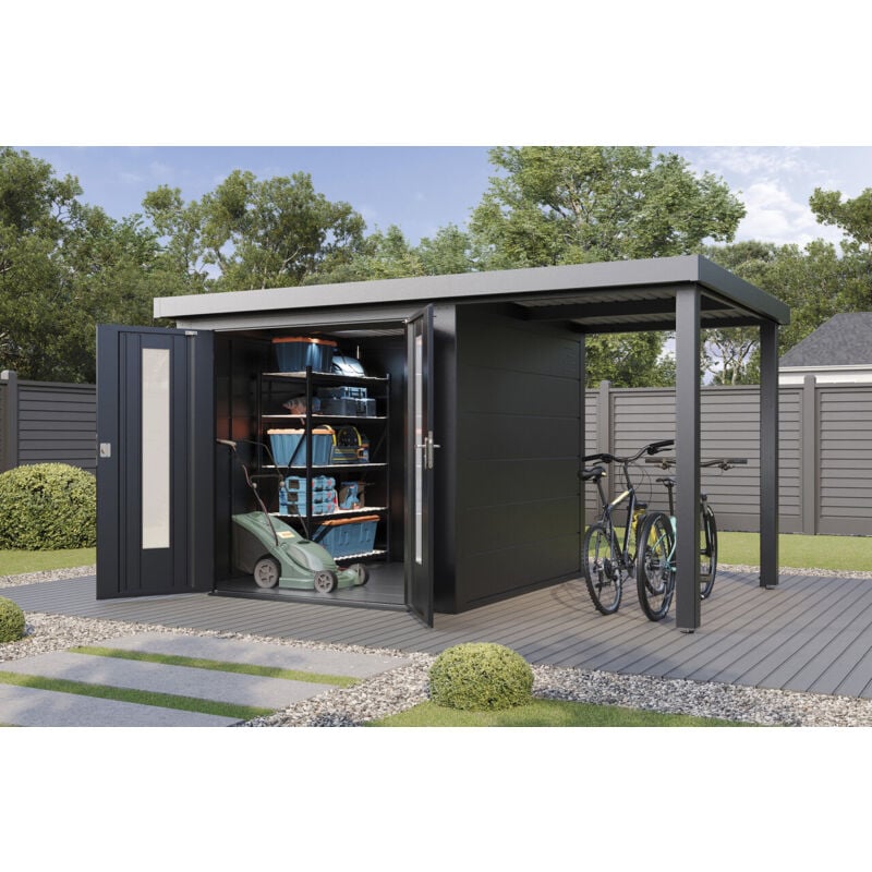 Wolff Finnhaus Metall-Gerätehaus Elvar 3924 Anthrazit Gerätehaus aus Metall in Anthrazitgrau, Geräteschrank mit 0,55 mm Wandstärke inklusive Terrasse